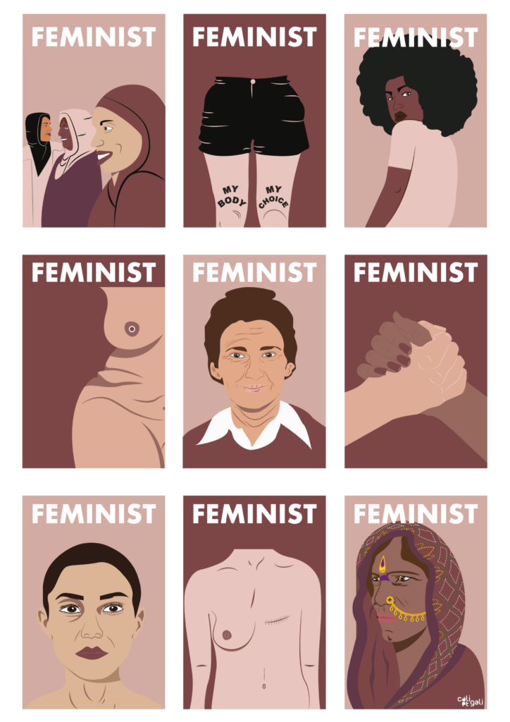 Illustration femme : Affiche visage féministe : toutes les femmes peuvent être féministe. Il n'y a pas de femme type