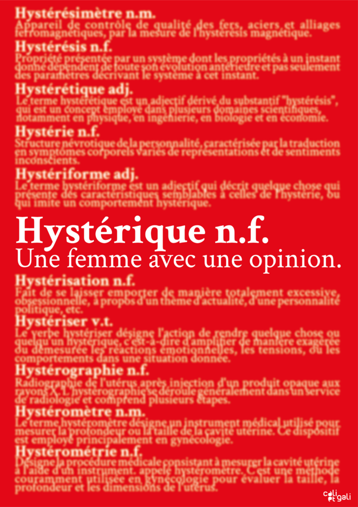 Affiche militante féministe. Définition de hystérique : une femme avec une opinion