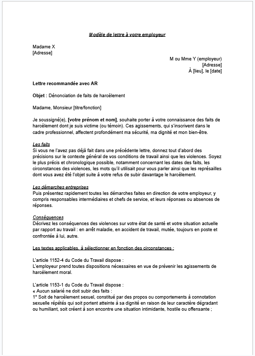 modèle de lettre témoignage harcèlement moral au travail